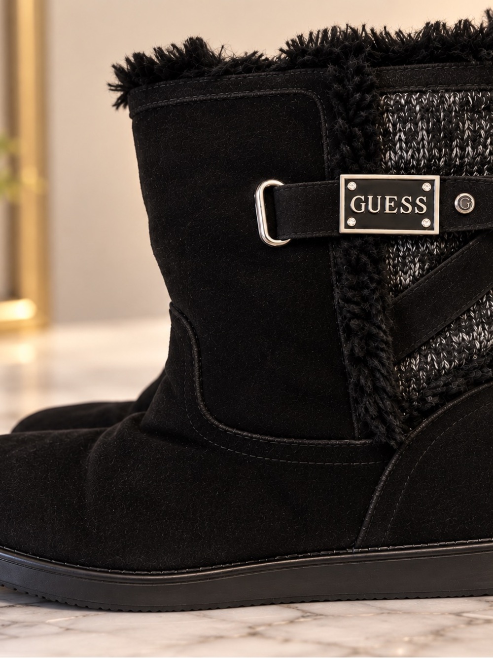GUESS Black Faux-Suede Fur-Trim Knit Panel Winter Boots